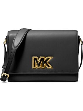 Michael Kors Black Leather Shoulder Bag with Gold MK Emblem